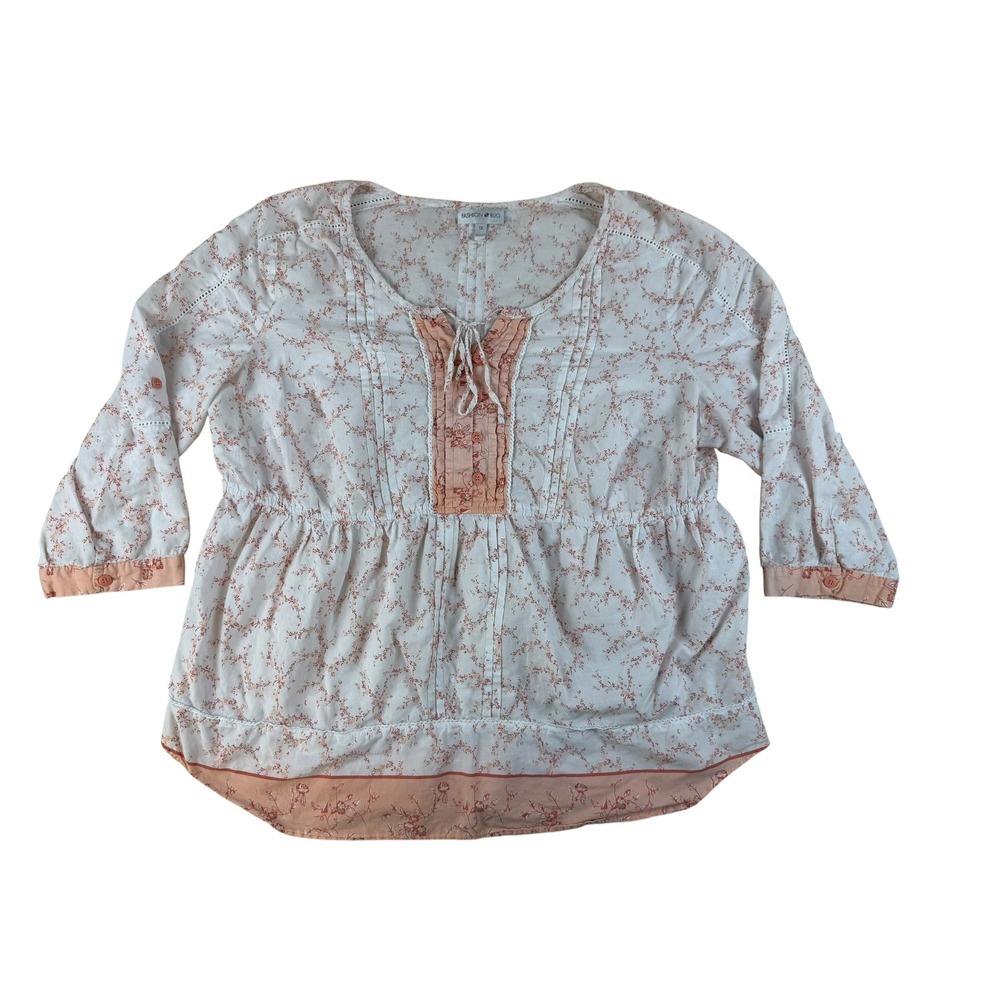 Cottagecore Floral Peasant Blouse Cotton Pintuck Tie Neck 1X Fashion Bug